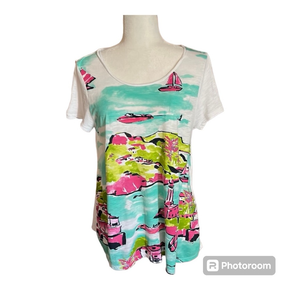 Crown & Ivy Beach Scene Graphic Tropical Island Print Authentic Tee Top Size M
